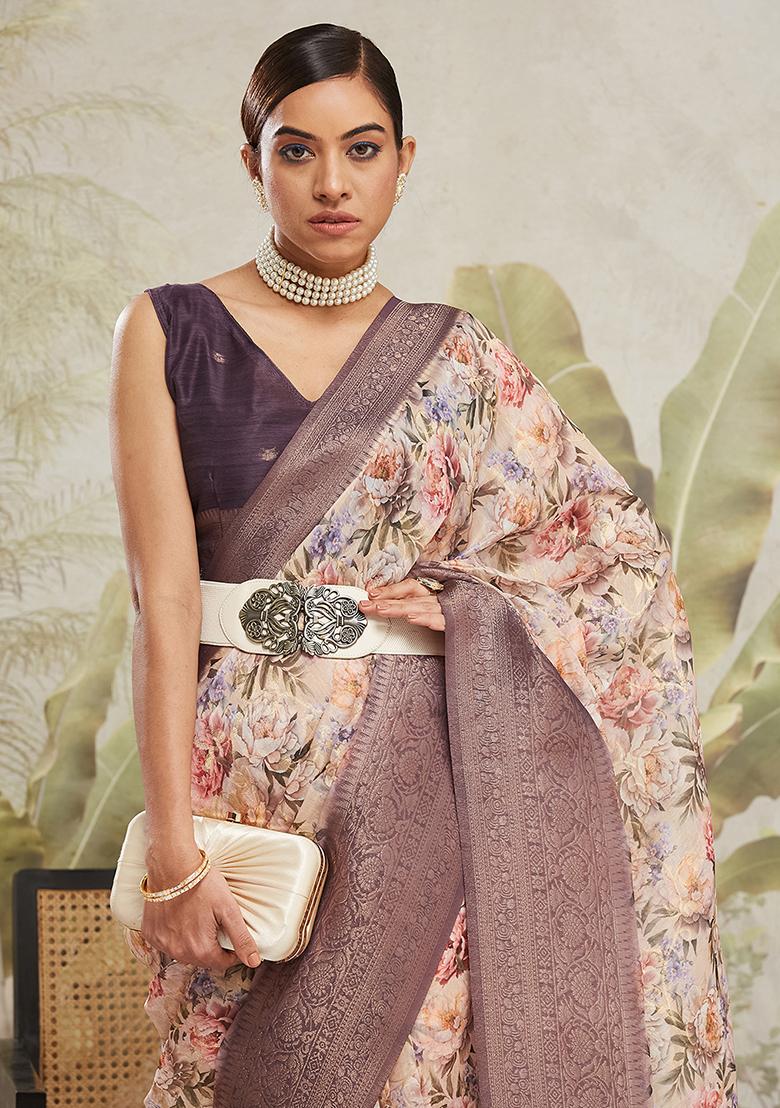 Cream Floral Jacqard Saree Set