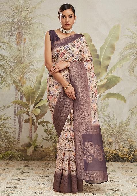 Cream Floral Jacqard Saree Set
