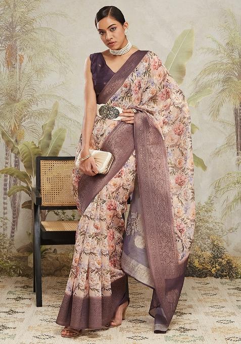 Cream Floral Jacqard Saree Set