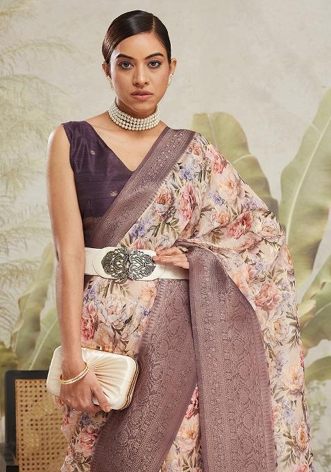 Cream Floral Jacqard Saree Set