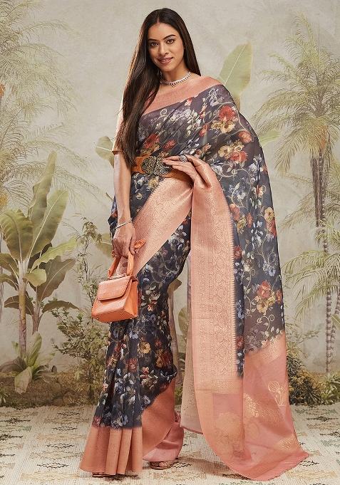 Navy Blue Floral Jacqard Saree Set