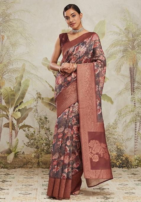 Maroon Floral Jacqard Saree Set