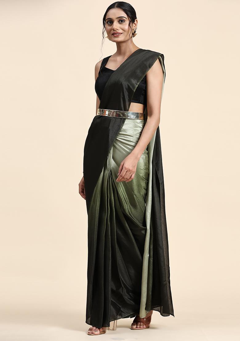 Green Solid Satin Saree Set