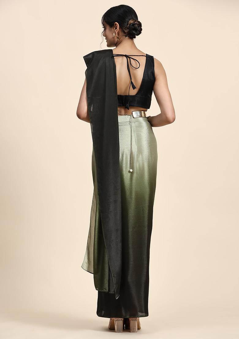 Green Solid Satin Saree Set