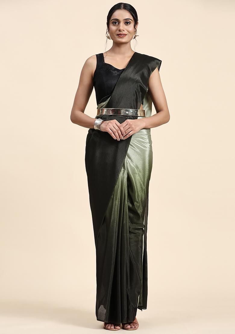 Green Solid Satin Saree Set