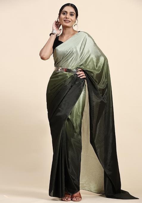 Green Solid Satin Saree Set