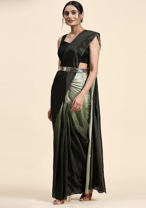 Green Solid Satin Saree Set