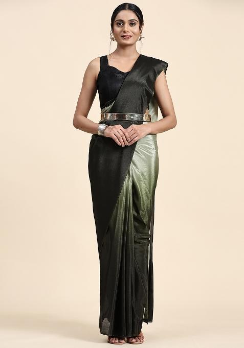 Green Solid Satin Saree Set