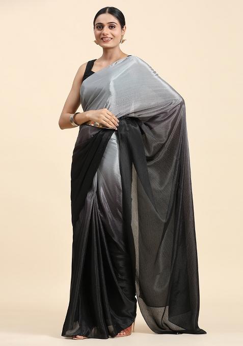 Grey Solid Satin Saree Set