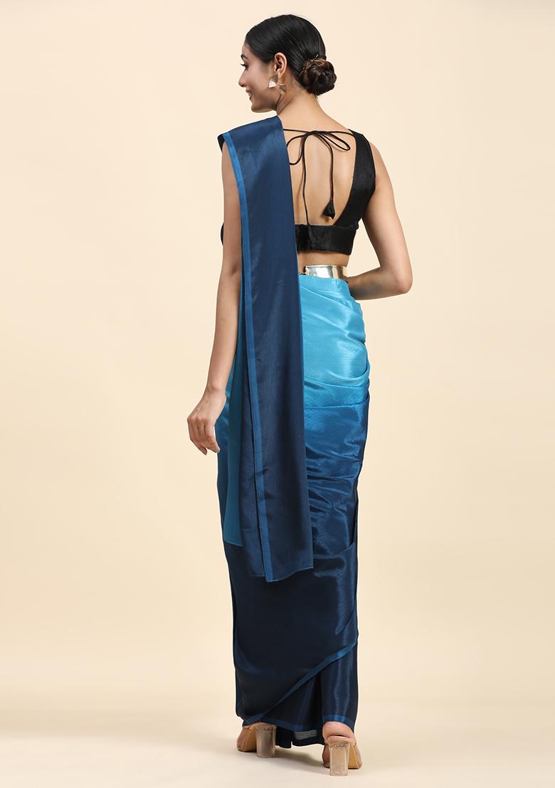 Blue Solid Satin Saree Set