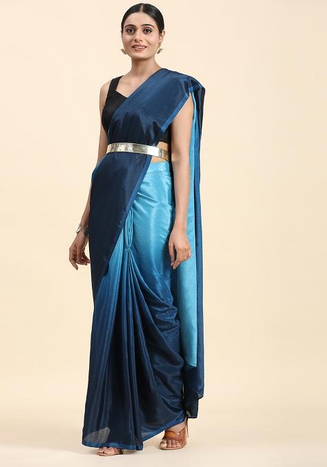 Blue Solid Satin Saree Set