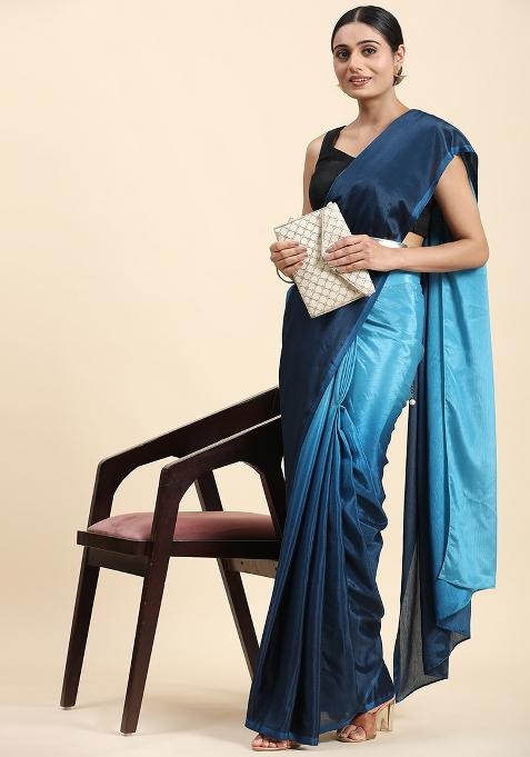 Blue Solid Satin Saree Set