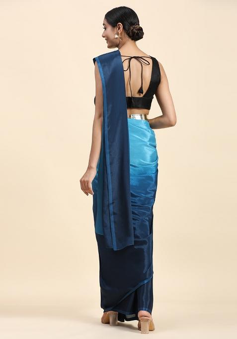 Blue Solid Satin Saree Set