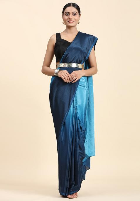 Blue Solid Satin Saree Set