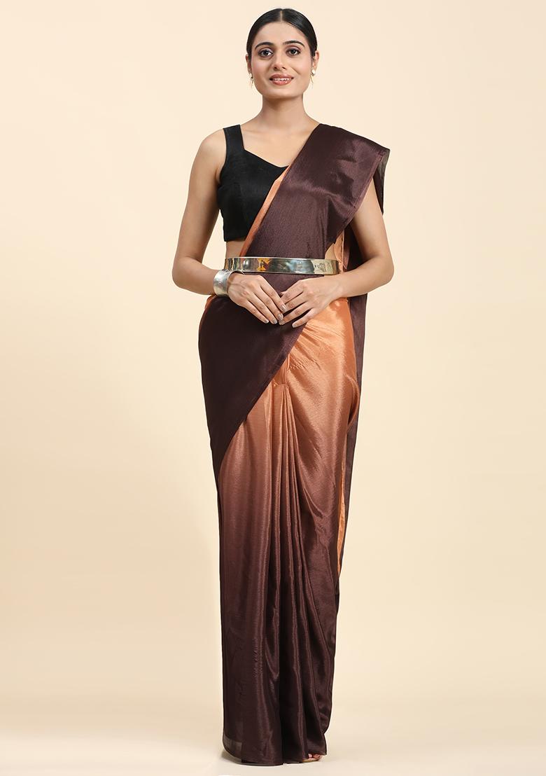 Brown Solid Satin Saree Set