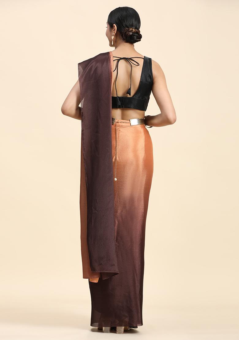 Brown Solid Satin Saree Set