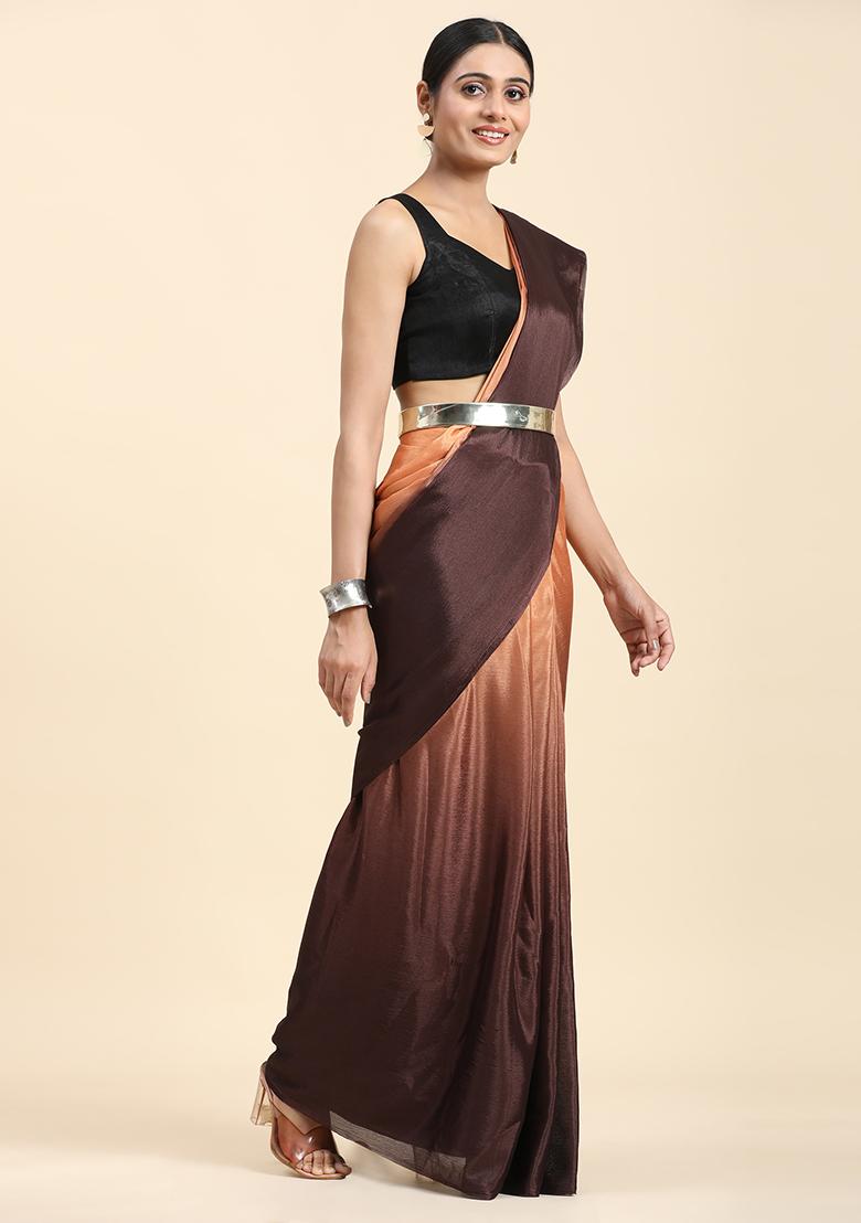 Brown Solid Satin Saree Set