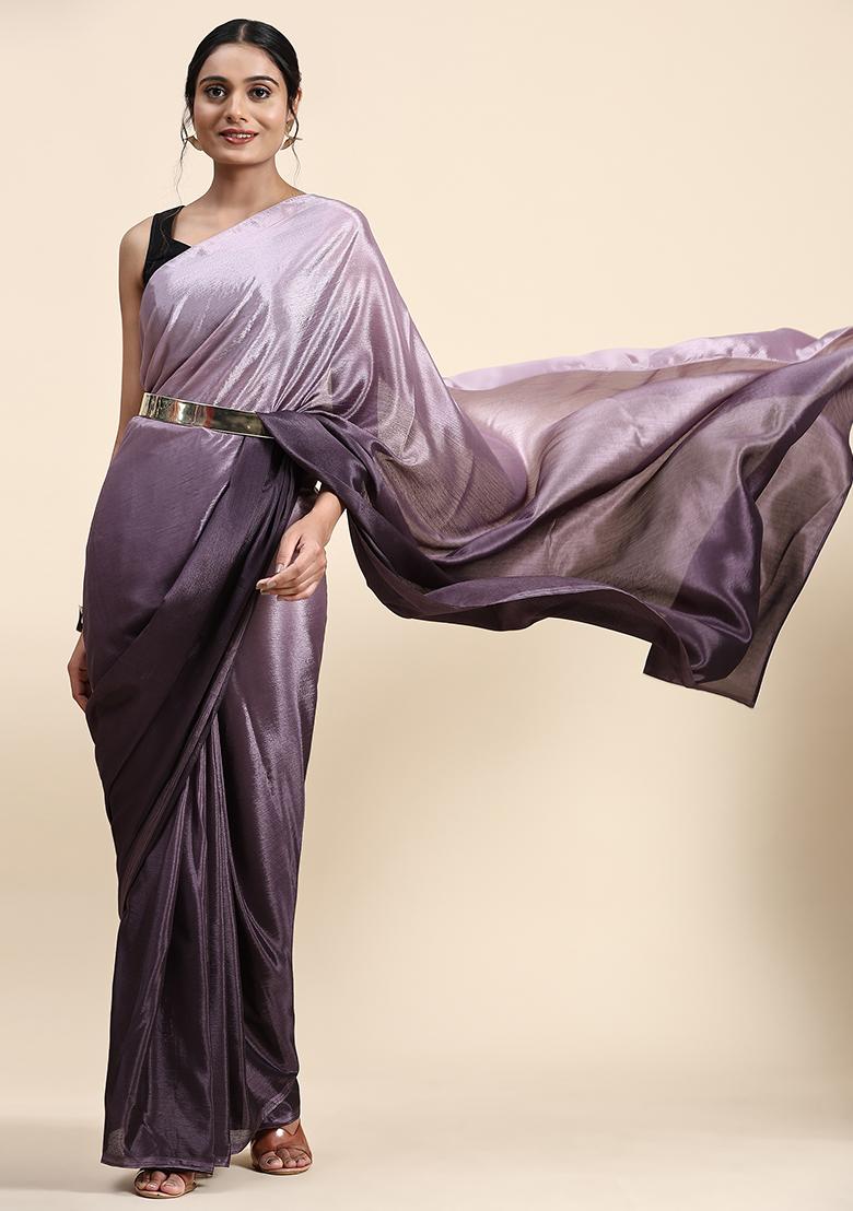 Wine Solid Satin Saree Set