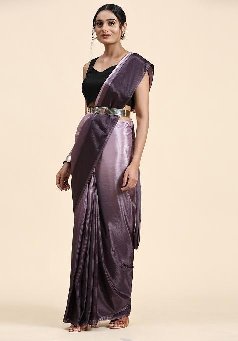 Wine Solid Satin Saree Set