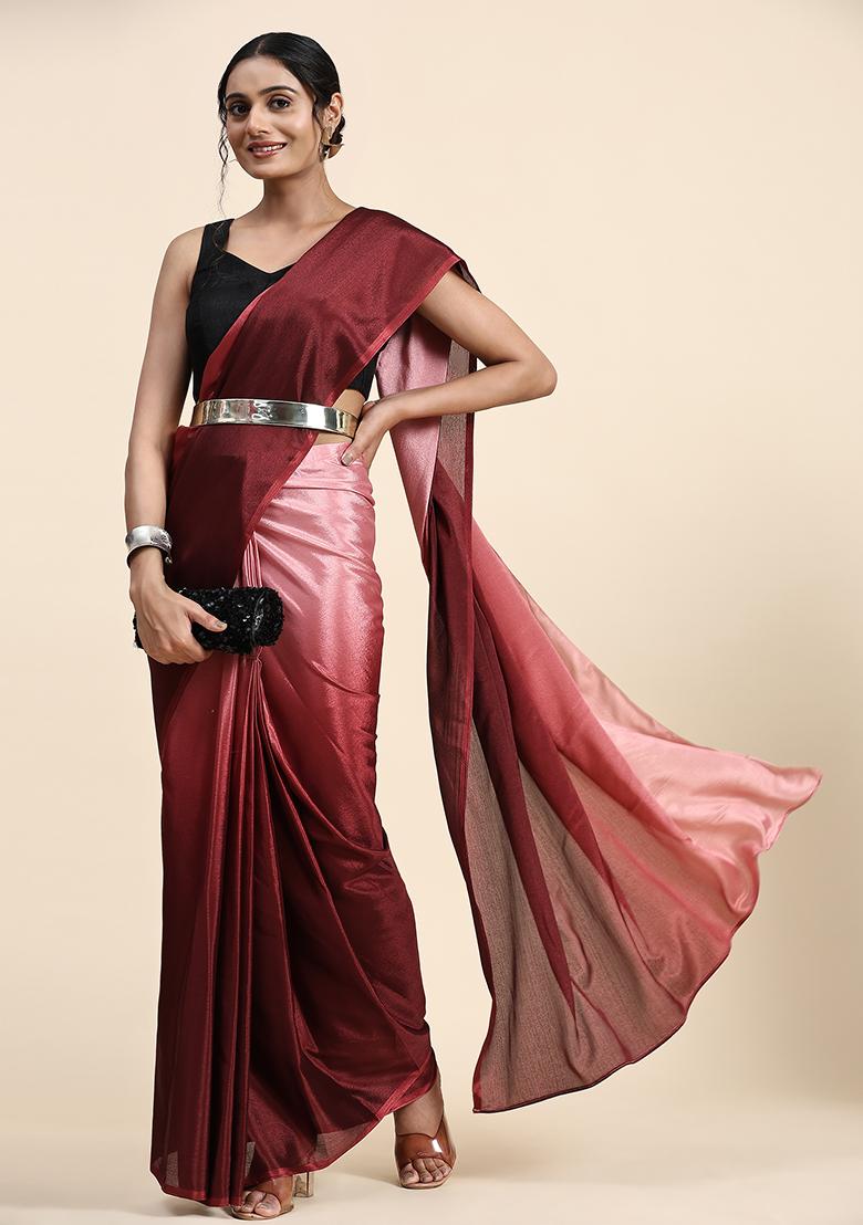 Maroon Solid Satin Saree Set