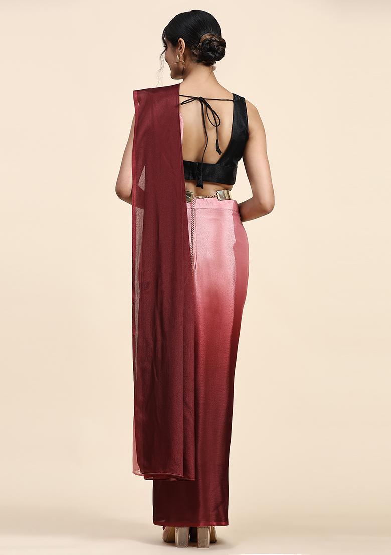 Maroon Solid Satin Saree Set