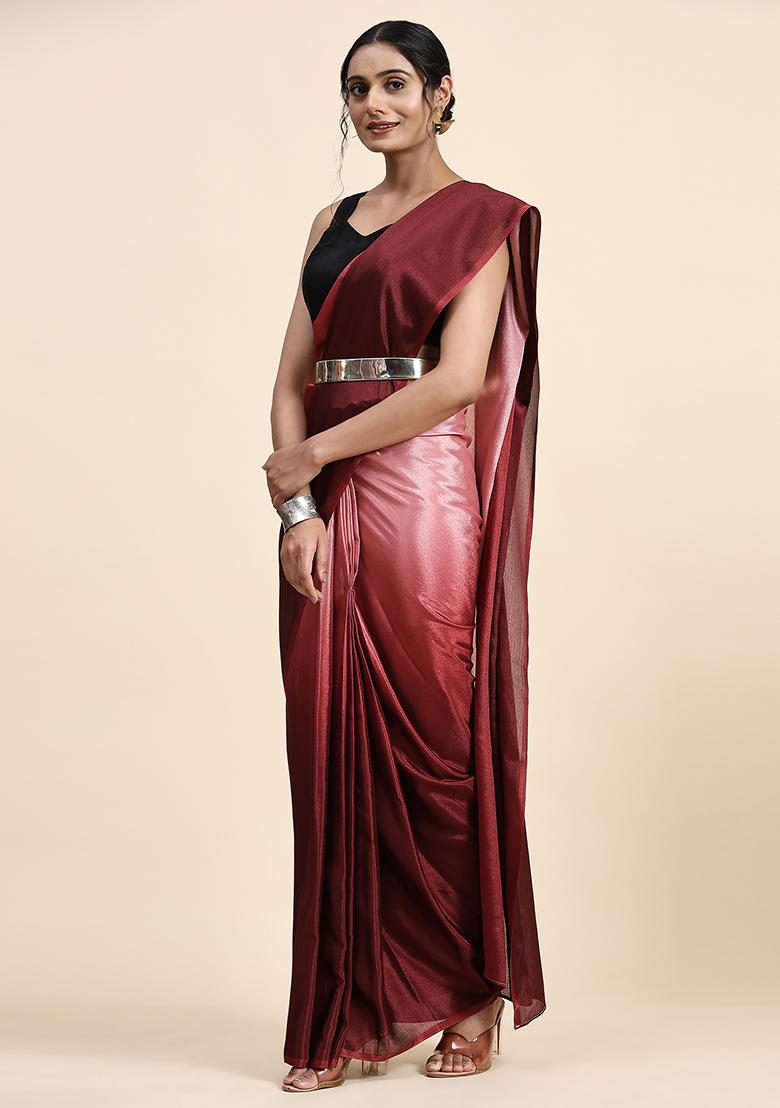 Maroon Solid Satin Saree Set