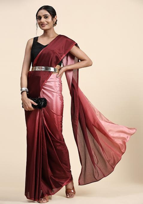 Maroon Solid Satin Saree Set