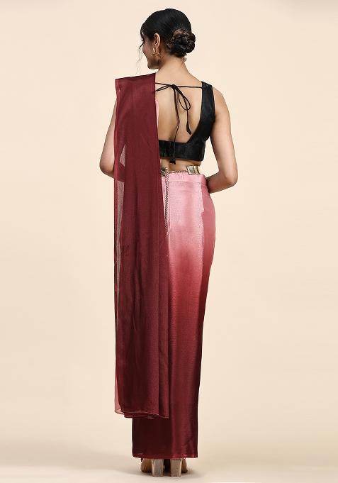 Maroon Solid Satin Saree Set