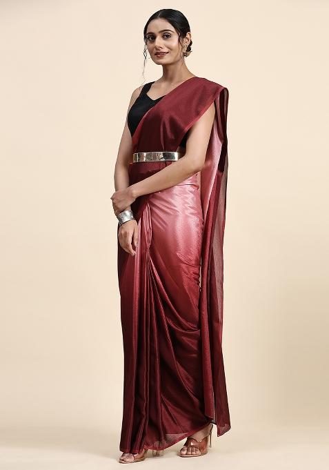 Maroon Solid Satin Saree Set
