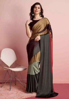 Brown Striped Satin Saree Set