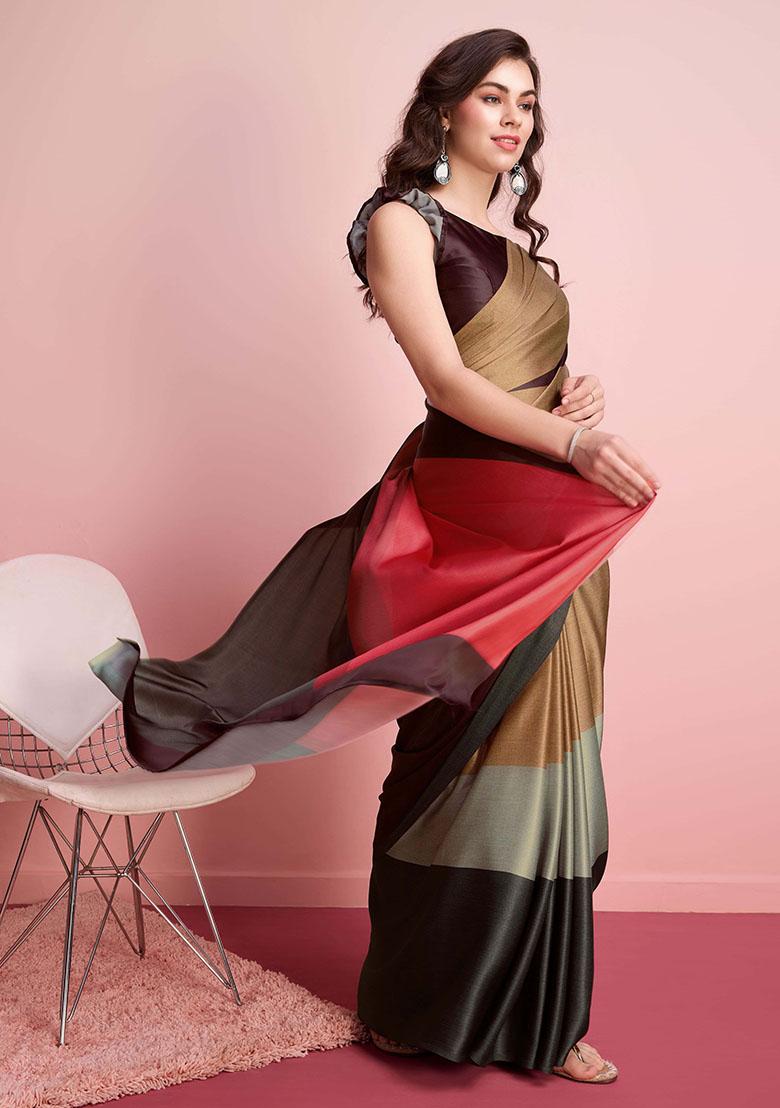 Brown Striped Satin Saree Set - Indya
