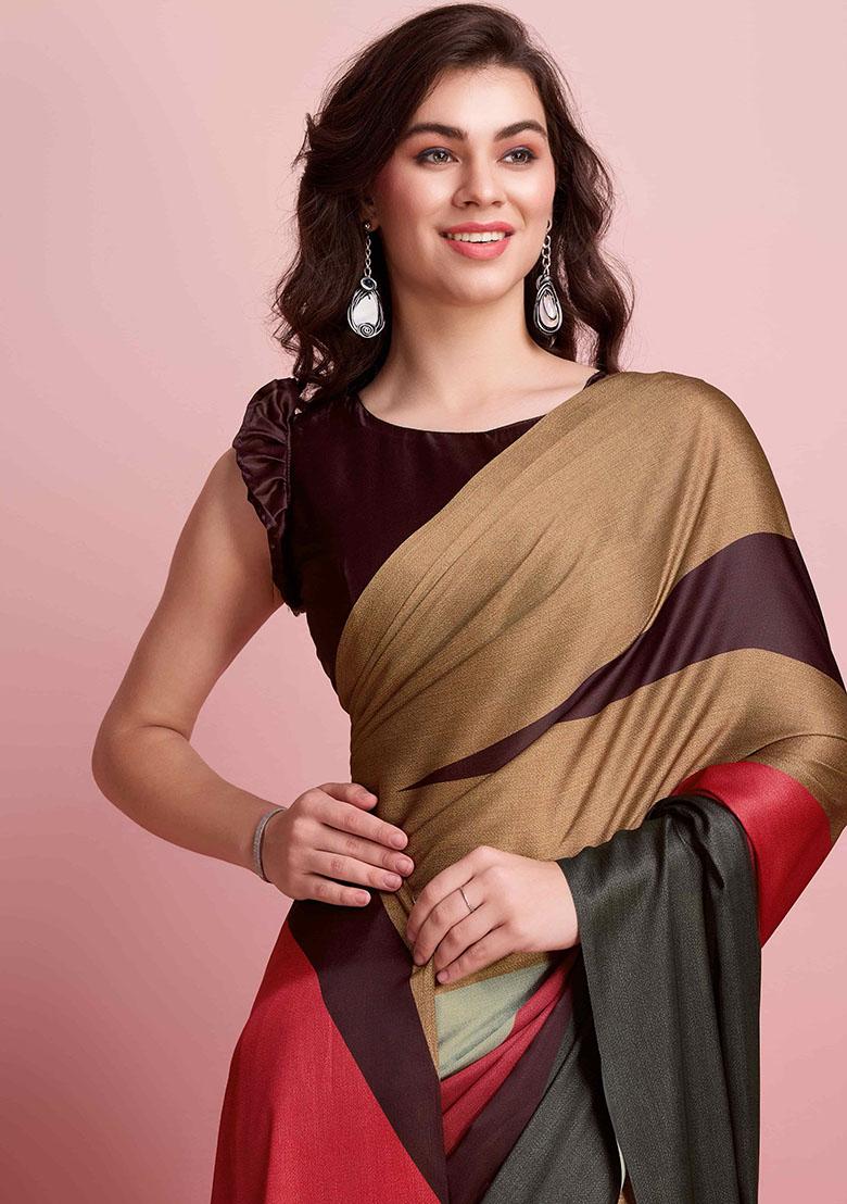 Brown Striped Satin Saree Set - Indya