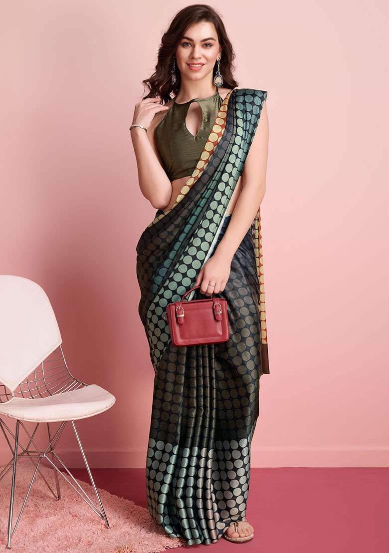 Multi Block Printeded Satin Saree Set - Indya