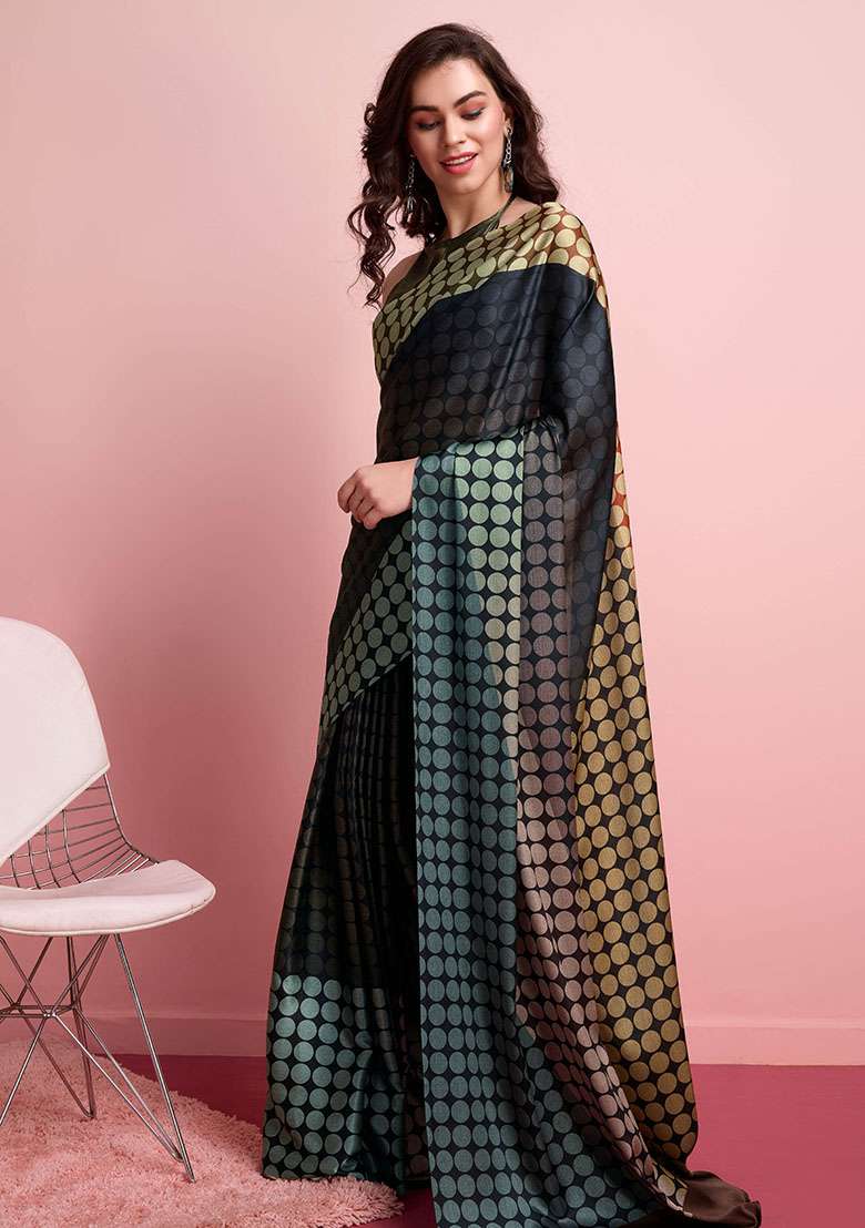 Multi Block Printeded Satin Saree Set - Indya
