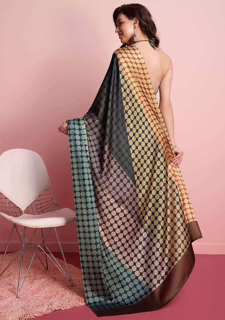 Multi Block Printeded Satin Saree Set - Indya