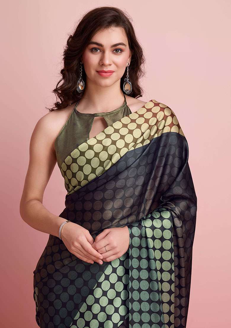 Multi Block Printeded Satin Saree Set - Indya