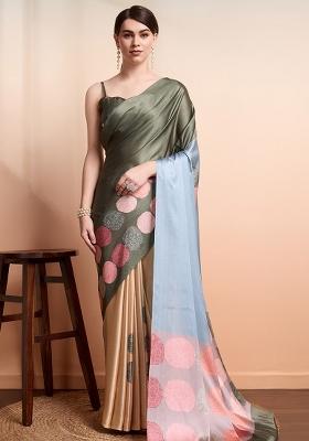 Green Block Printeded Satin Saree Set