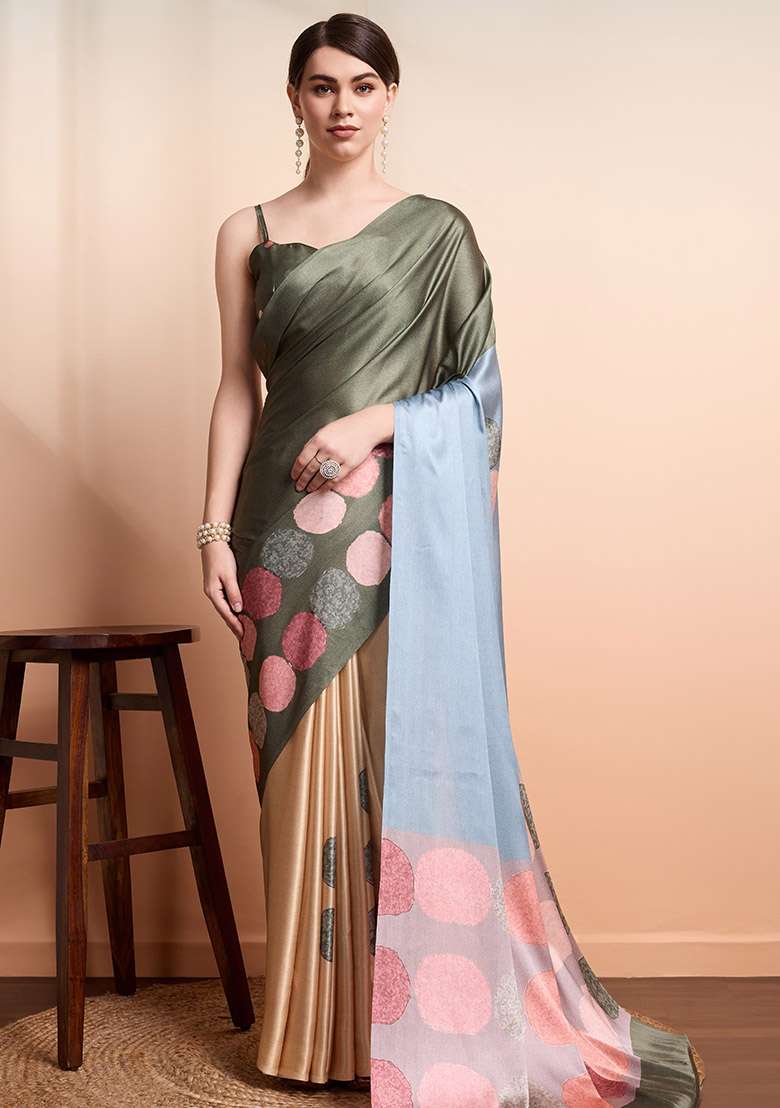 Green Block Printeded Satin Saree Set - Indya