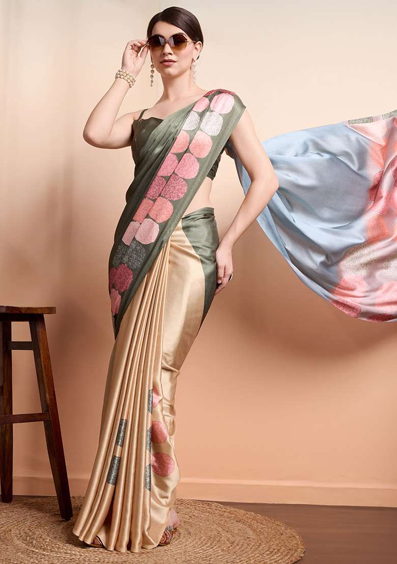 Green Block Printeded Satin Saree Set - Indya