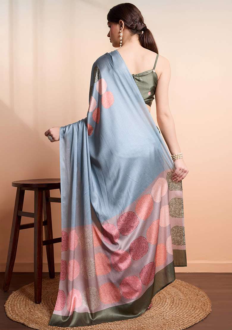 Green Block Printeded Satin Saree Set - Indya