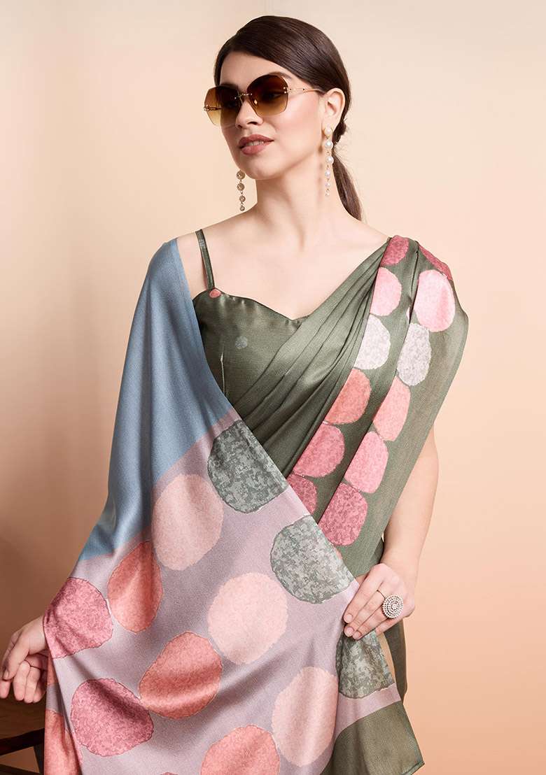 Green Block Printeded Satin Saree Set - Indya