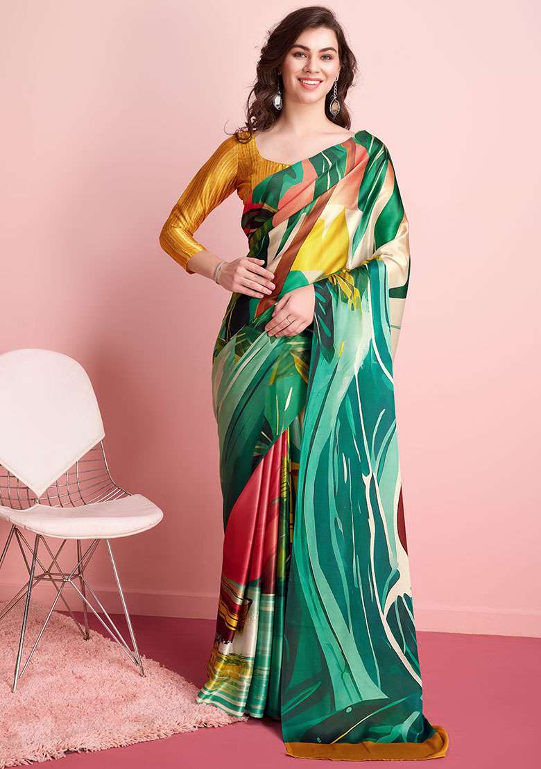 Multi Boat Printed Satin Saree Set - Indya