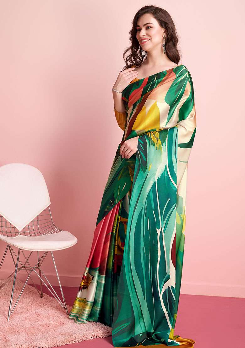 Multi Boat Printed Satin Saree Set - Indya