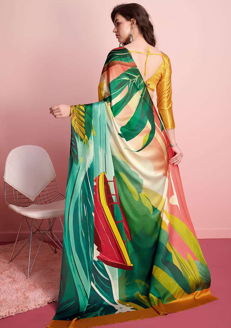 Multi Boat Printed Satin Saree Set - Indya