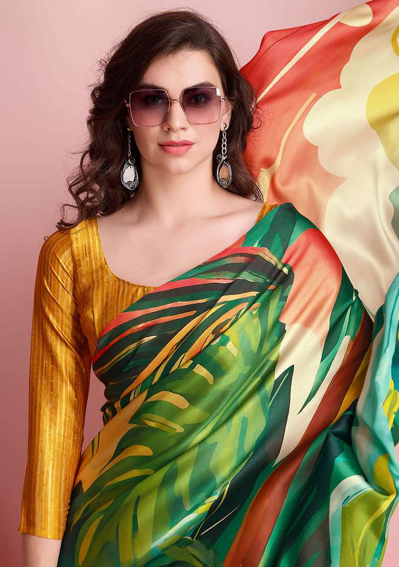 Multi Boat Printed Satin Saree Set - Indya