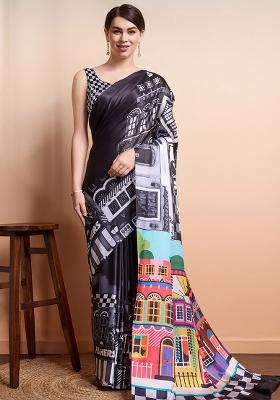 Black Digital Printeded Satin Saree Set