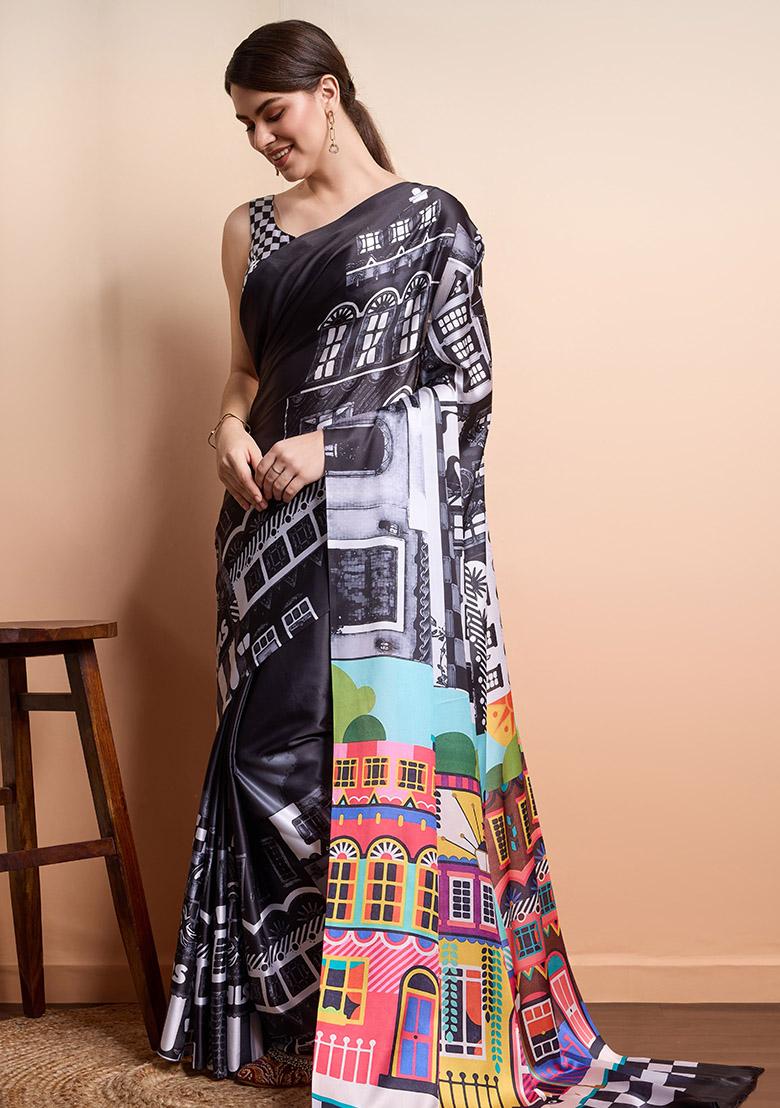 Black Digital Printeded Satin Saree Set - Indya