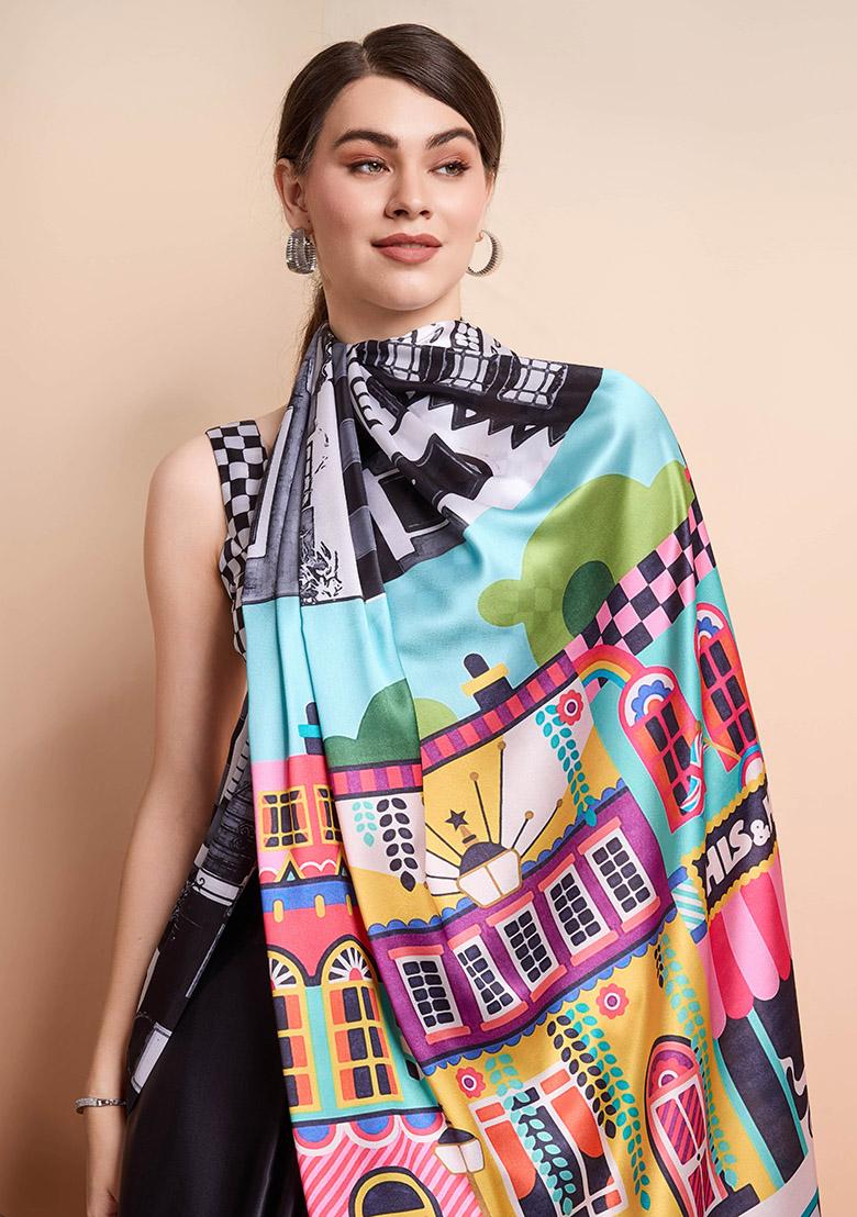 Black Digital Printeded Satin Saree Set - Indya