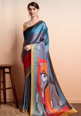 Grey Bird Printeded Satin Saree Set