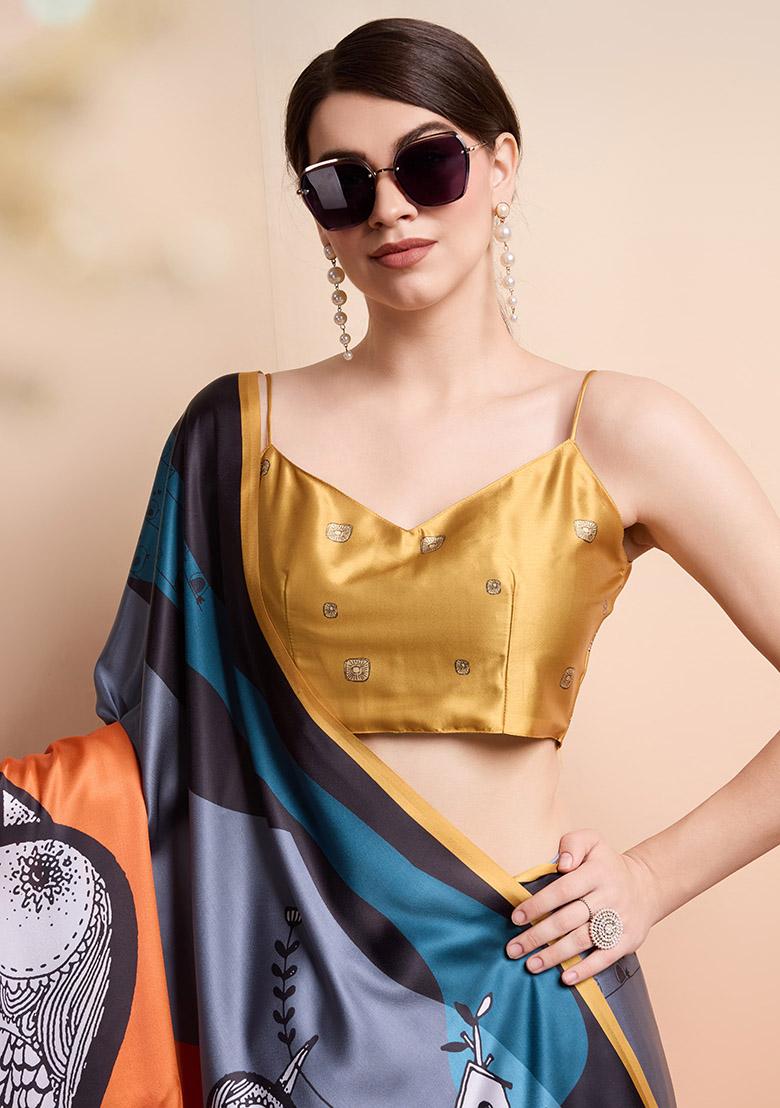Grey Bird Printeded Satin Saree Set - Indya